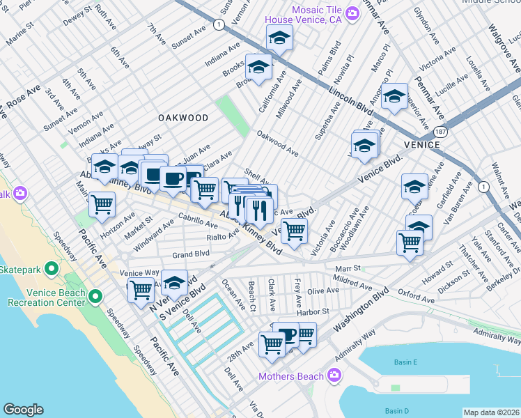 map of restaurants, bars, coffee shops, grocery stores, and more near 1620 Electric Avenue in Los Angeles