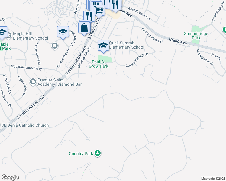 map of restaurants, bars, coffee shops, grocery stores, and more near 23509 Ridge Line Road in Diamond Bar
