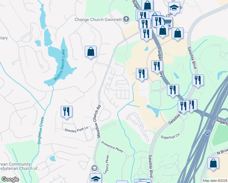 map of restaurants, bars, coffee shops, grocery stores, and more near 2192 Meadow Peak Road in Duluth
