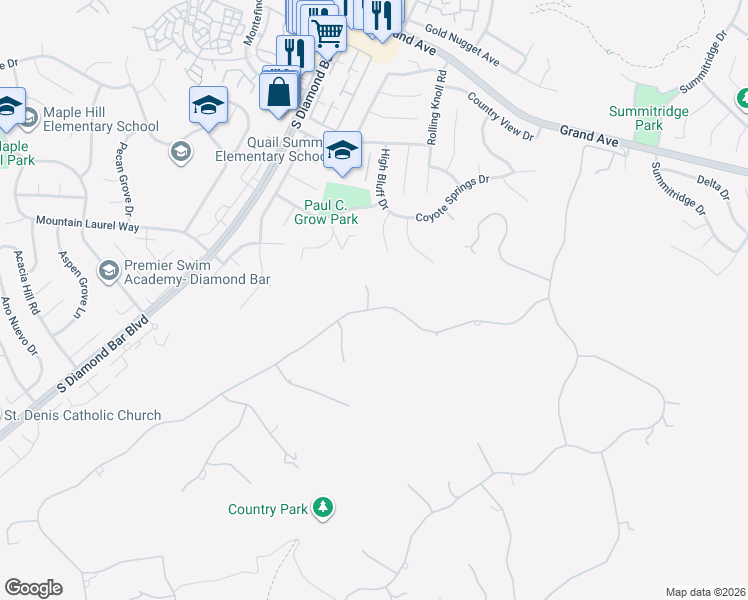 map of restaurants, bars, coffee shops, grocery stores, and more near 23504 Ridge Line Road in Diamond Bar
