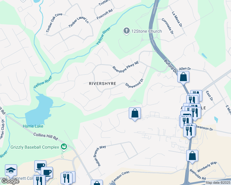 map of restaurants, bars, coffee shops, grocery stores, and more near 275 Lochwood Trail Southeast in Lawrenceville