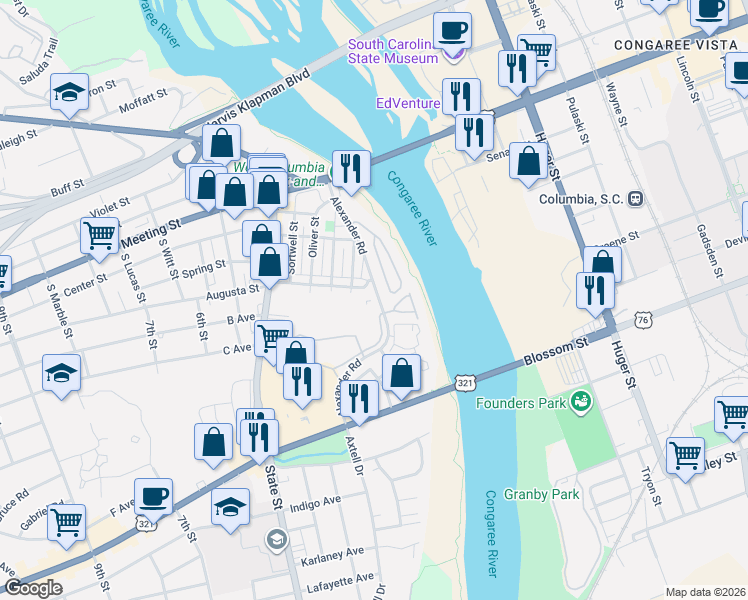 map of restaurants, bars, coffee shops, grocery stores, and more near 500 Alexander Road in West Columbia