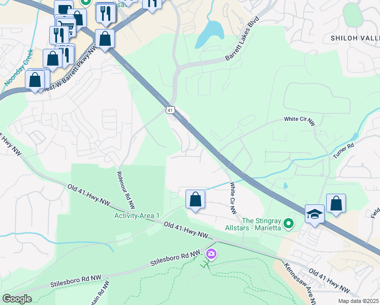 map of restaurants, bars, coffee shops, grocery stores, and more near 1615 Cobb Parkway North in Marietta