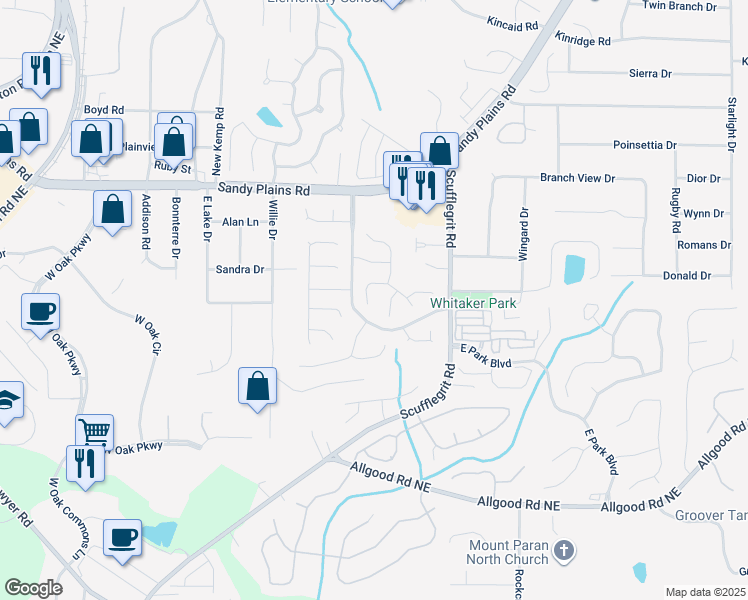 map of restaurants, bars, coffee shops, grocery stores, and more near 1452 Evanston Lane in Marietta