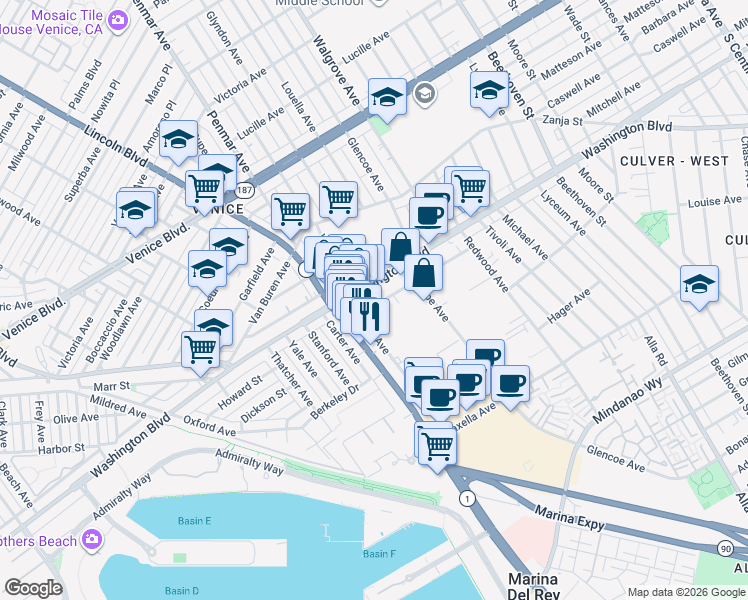 map of restaurants, bars, coffee shops, grocery stores, and more near 13461 Beach Avenue in Marina del Rey