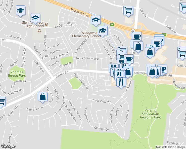 map of restaurants, bars, coffee shops, grocery stores, and more near 1804 Pritchard Way in Hacienda Heights