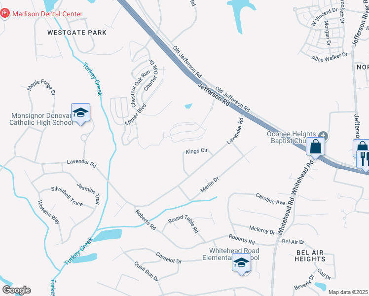 map of restaurants, bars, coffee shops, grocery stores, and more near 180 Kings Circle in Athens