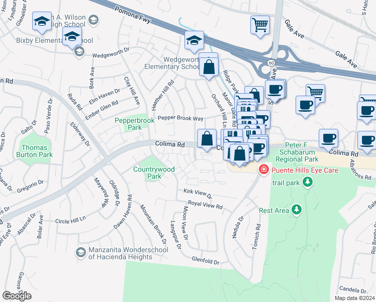 map of restaurants, bars, coffee shops, grocery stores, and more near 1812 Pritchard Way in Hacienda Heights