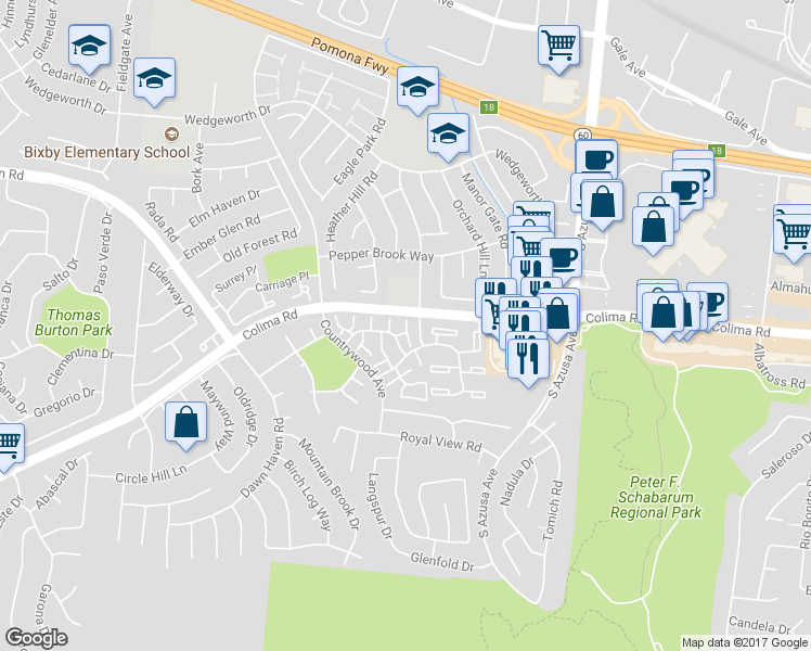 map of restaurants, bars, coffee shops, grocery stores, and more near 1812 Pritchard Way in Hacienda Heights