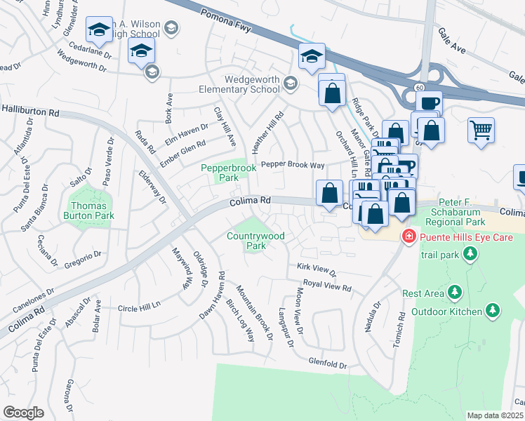 map of restaurants, bars, coffee shops, grocery stores, and more near 1862 Doverglen Way in Hacienda Heights