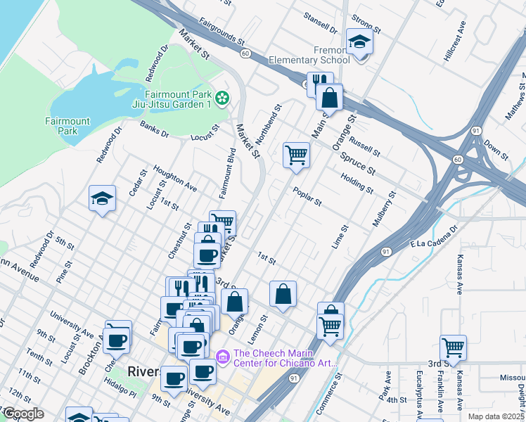 map of restaurants, bars, coffee shops, grocery stores, and more near 3003 Orange Street in Riverside