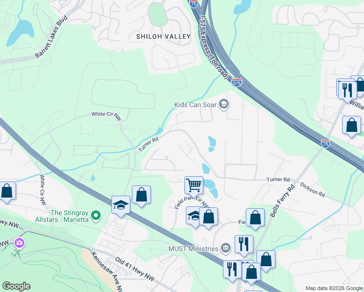 map of restaurants, bars, coffee shops, grocery stores, and more near 390 Summit Village Drive in Marietta