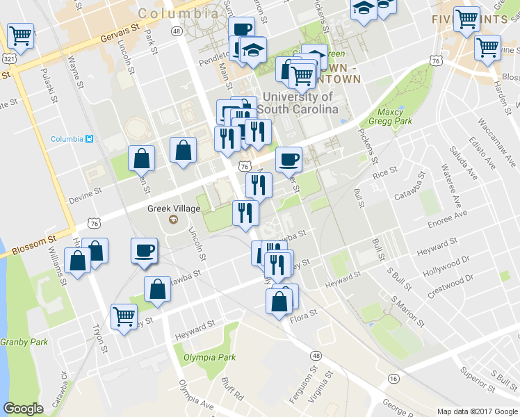 map of restaurants, bars, coffee shops, grocery stores, and more near 401 Main Street in Columbia
