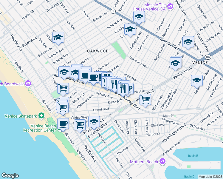 map of restaurants, bars, coffee shops, grocery stores, and more near 1415 Abbot Kinney Boulevard in Los Angeles
