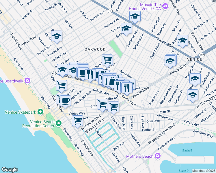 map of restaurants, bars, coffee shops, grocery stores, and more near 1503 Cabrillo Avenue in Los Angeles