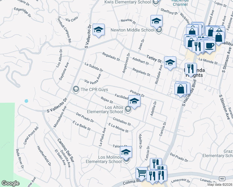 map of restaurants, bars, coffee shops, grocery stores, and more near 15511 Rojas Street in Hacienda Heights