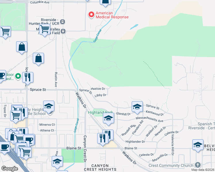 map of restaurants, bars, coffee shops, grocery stores, and more near 770 Huston Drive in Riverside