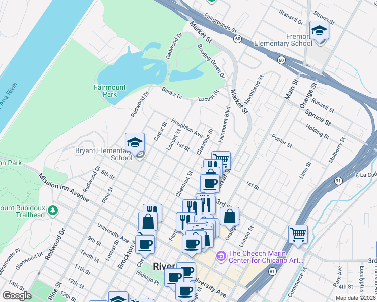 map of restaurants, bars, coffee shops, grocery stores, and more near 3198 Brockton Avenue in Riverside
