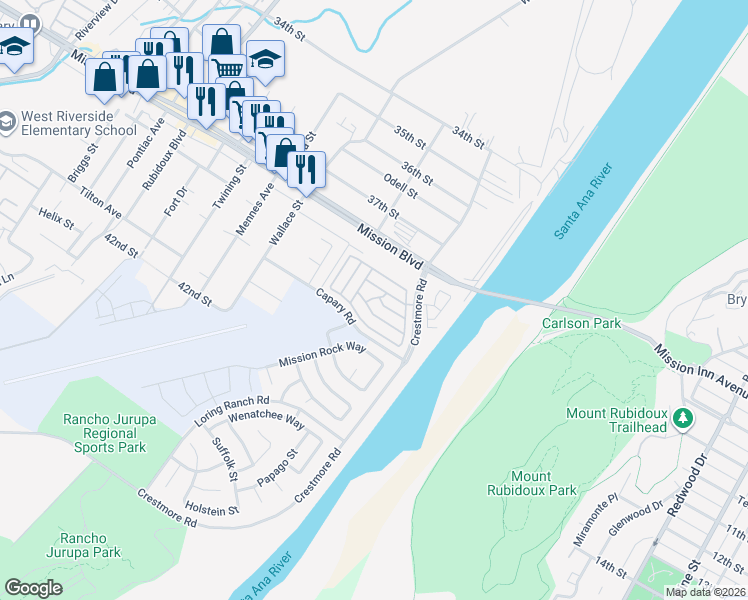 map of restaurants, bars, coffee shops, grocery stores, and more near 5137 Mission Rock Way in Riverside