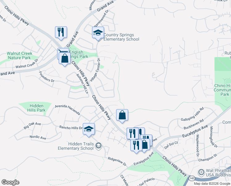 map of restaurants, bars, coffee shops, grocery stores, and more near 2495 Meadow Ridge Drive in Chino Hills