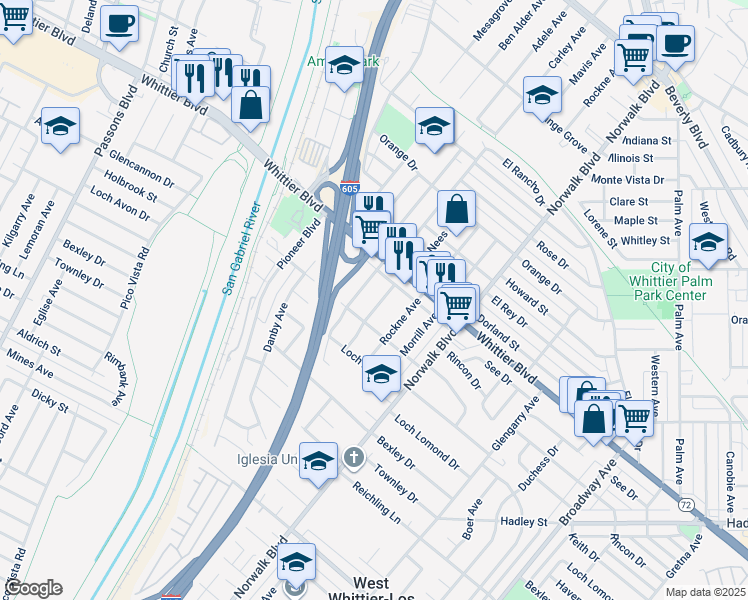map of restaurants, bars, coffee shops, grocery stores, and more near 6128 McNees Avenue in Whittier