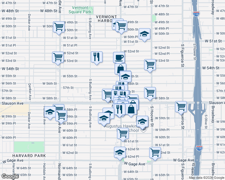 map of restaurants, bars, coffee shops, grocery stores, and more near 1039 West 58th Street in Los Angeles