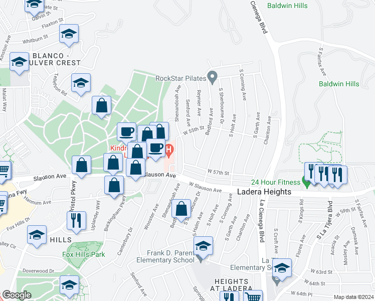 map of restaurants, bars, coffee shops, grocery stores, and more near 5604 Shenandoah Avenue in Los Angeles
