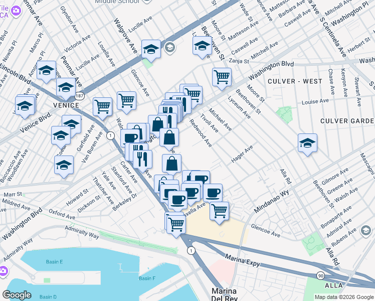 map of restaurants, bars, coffee shops, grocery stores, and more near 4079 Glencoe Avenue in Marina del Rey