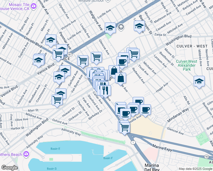 map of restaurants, bars, coffee shops, grocery stores, and more near in Los Angeles