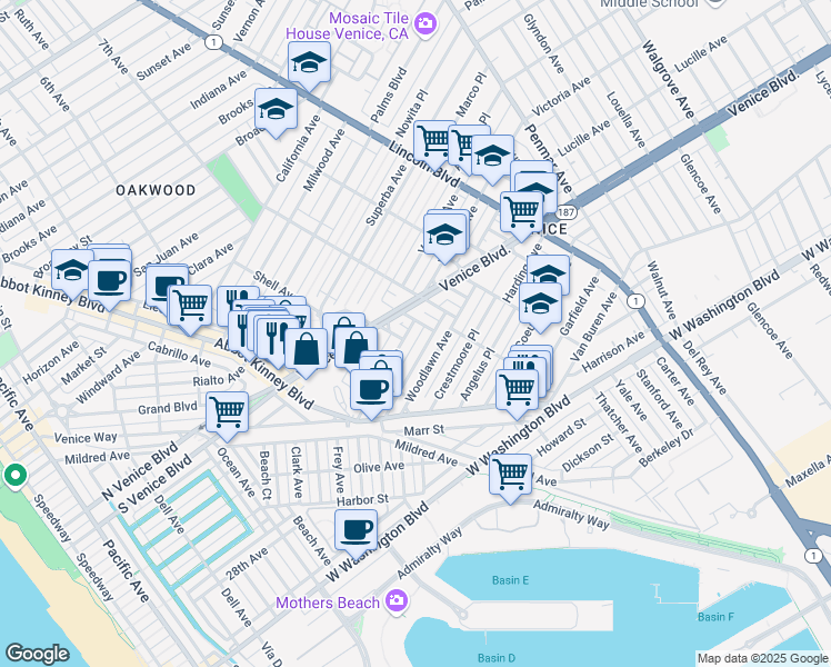 map of restaurants, bars, coffee shops, grocery stores, and more near 620 Victoria Avenue in Los Angeles