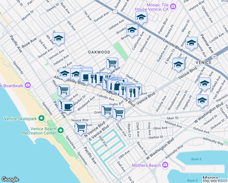 map of restaurants, bars, coffee shops, grocery stores, and more near 1503 Cabrillo Avenue in Los Angeles