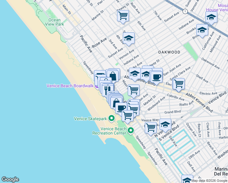 map of restaurants, bars, coffee shops, grocery stores, and more near in Los Angeles