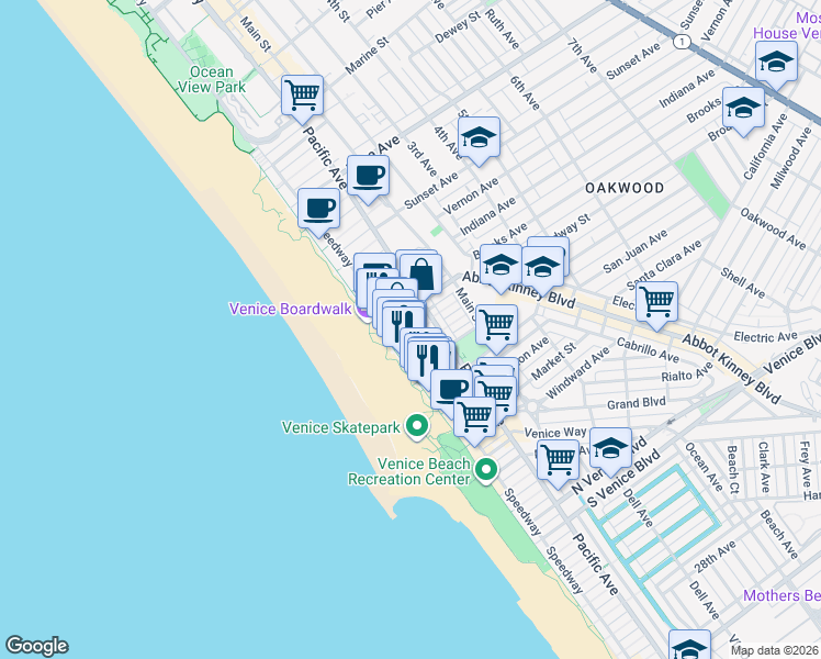 map of restaurants, bars, coffee shops, grocery stores, and more near 1007 Ocean Front Walk in Los Angeles