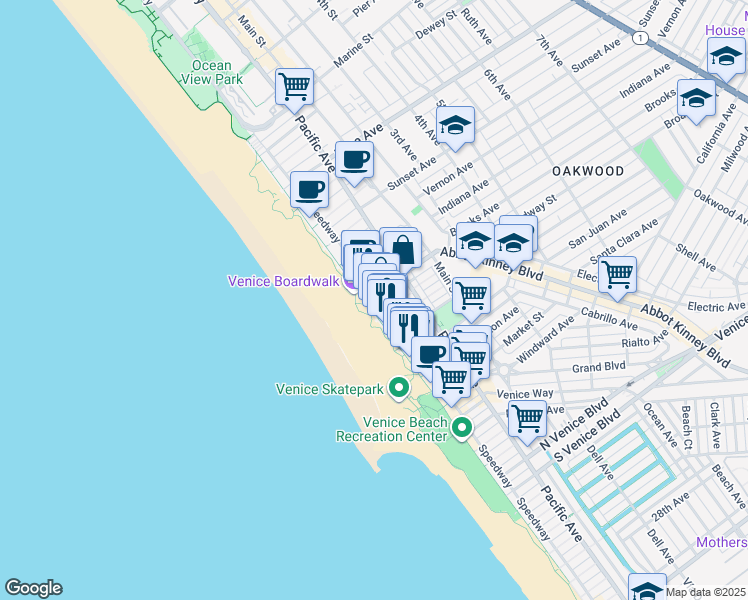 map of restaurants, bars, coffee shops, grocery stores, and more near 1007 Ocean Front Walk in Los Angeles