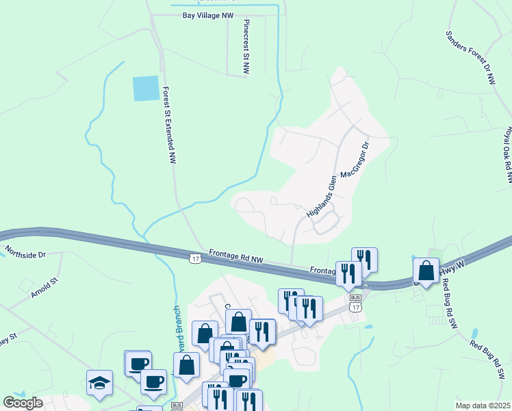 map of restaurants, bars, coffee shops, grocery stores, and more near 43 Highland Forest Circle in Shallotte
