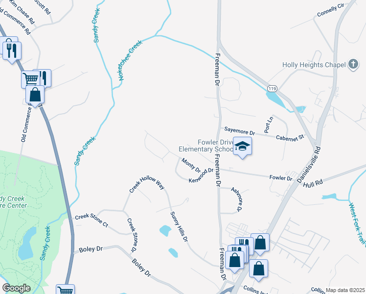 map of restaurants, bars, coffee shops, grocery stores, and more near 190 Monty Drive in Athens