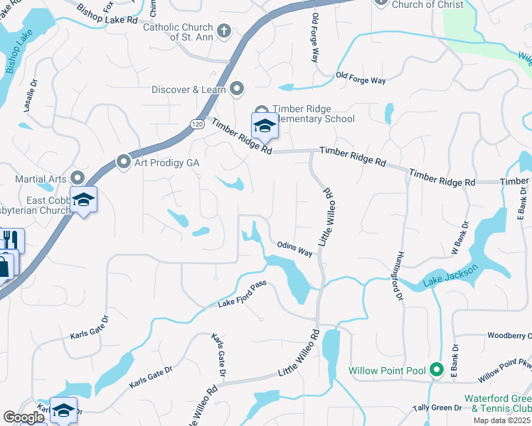 map of restaurants, bars, coffee shops, grocery stores, and more near 4983 Odins Way in Marietta