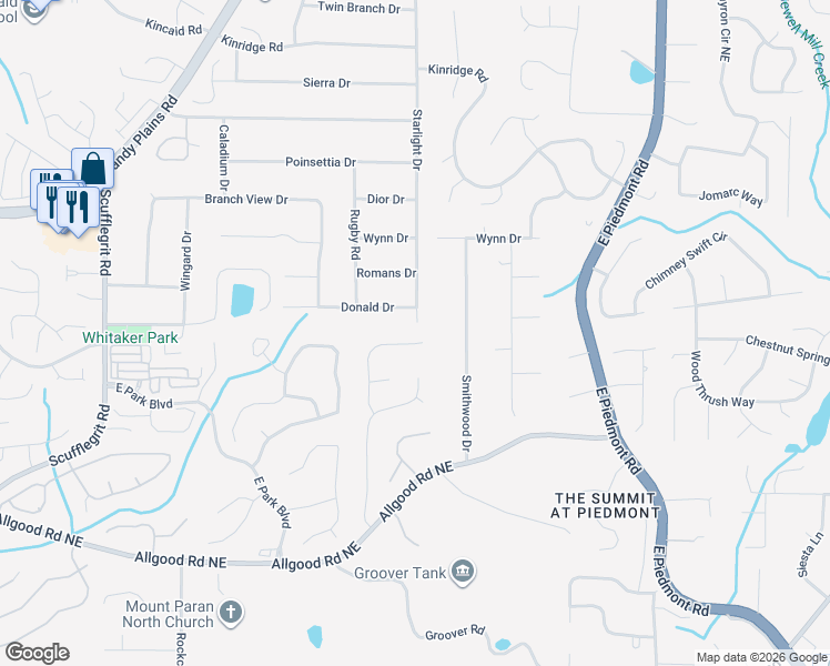 map of restaurants, bars, coffee shops, grocery stores, and more near 1525 Oakmoor Place in Marietta