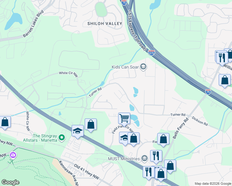 map of restaurants, bars, coffee shops, grocery stores, and more near 390 Summit Village Drive in Marietta
