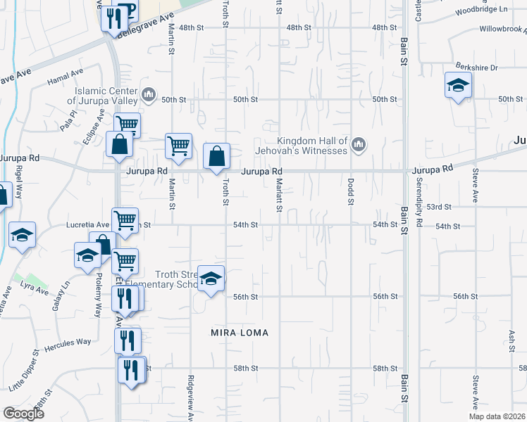 map of restaurants, bars, coffee shops, grocery stores, and more near 10533 54th Street in Jurupa Valley