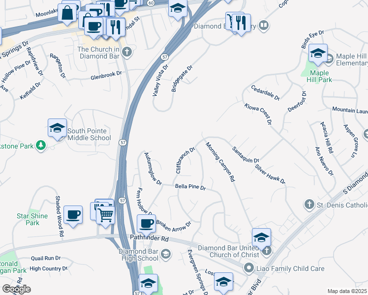 map of restaurants, bars, coffee shops, grocery stores, and more near 1721 Cliffbranch Drive in Diamond Bar