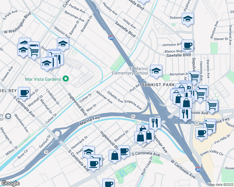 map of restaurants, bars, coffee shops, grocery stores, and more near 5225 Emporia Avenue in Culver City