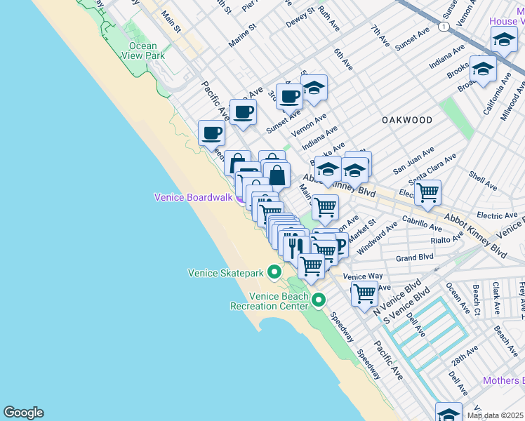 map of restaurants, bars, coffee shops, grocery stores, and more near 14 Brooks Avenue in Los Angeles