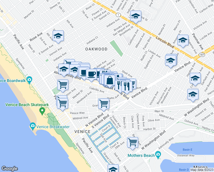 map of restaurants, bars, coffee shops, grocery stores, and more near 520 California Avenue in Los Angeles
