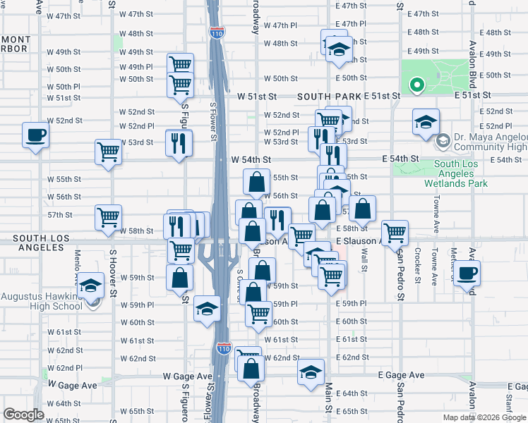 map of restaurants, bars, coffee shops, grocery stores, and more near 5630 South Broadway in Los Angeles