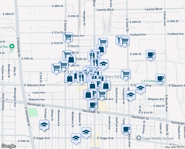 map of restaurants, bars, coffee shops, grocery stores, and more near 5805 Pacific Boulevard in Huntington Park