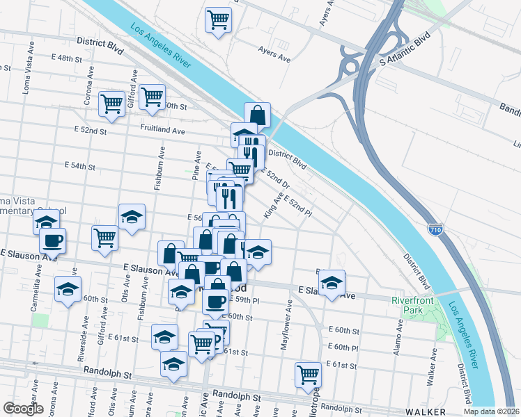 map of restaurants, bars, coffee shops, grocery stores, and more near 4552 East 53rd Street in Maywood