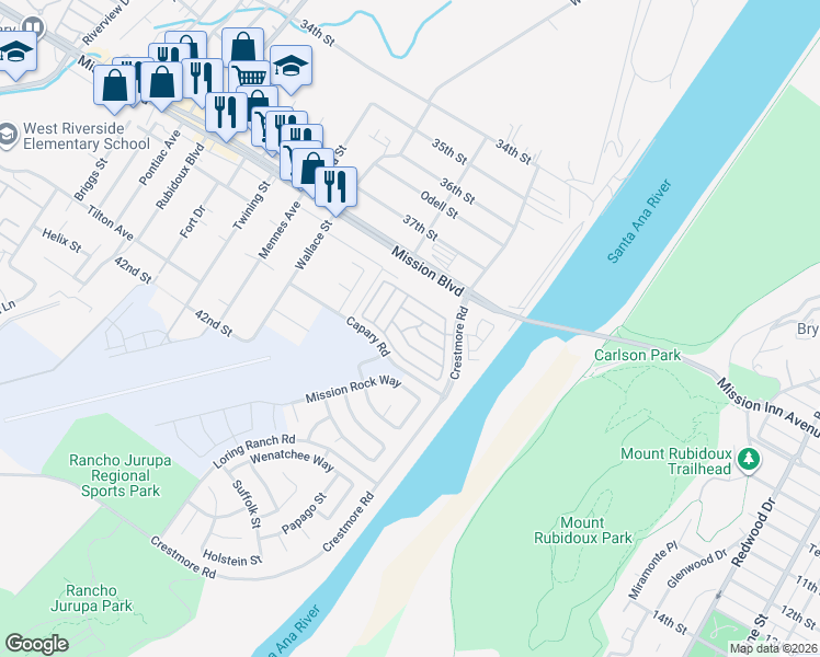 map of restaurants, bars, coffee shops, grocery stores, and more near 5137 Mission Rock Way in Riverside
