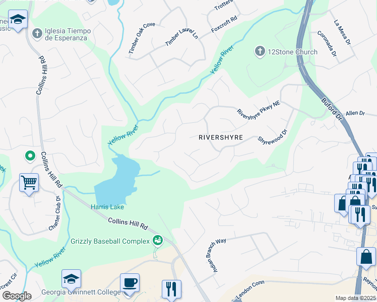map of restaurants, bars, coffee shops, grocery stores, and more near 134 Waterloch Court in Lawrenceville