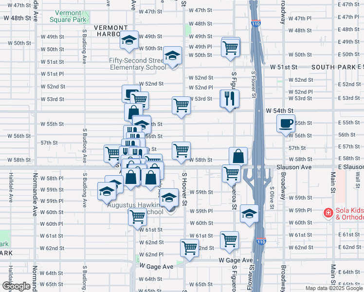 map of restaurants, bars, coffee shops, grocery stores, and more near 5720 South Hoover Street in Los Angeles